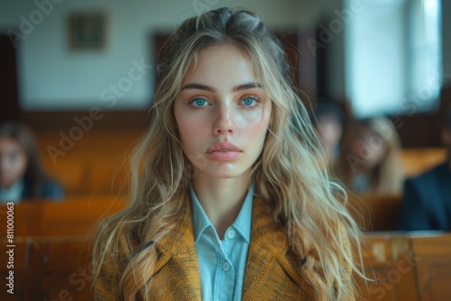 A young woman displaying an engaged and thoughtful expression during a legal proceeding in a courtroom photo