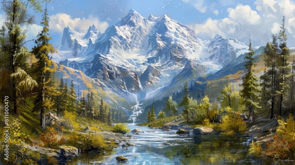 Panorama of mountains and river.