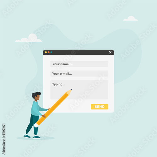 The man fills out the online contact form and writes his comment with his experience. Feedback page concept. Customer satisfaction. Vector illustration.
