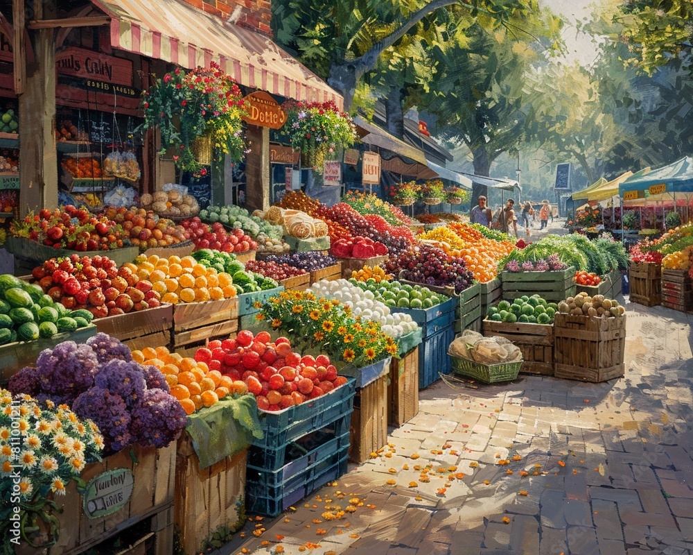 Farmers Market  Realism A bustling farmers market with fresh produce, flowers, and local vendors, depicted with realistic detail and a focus on the abundance and variety of offerings