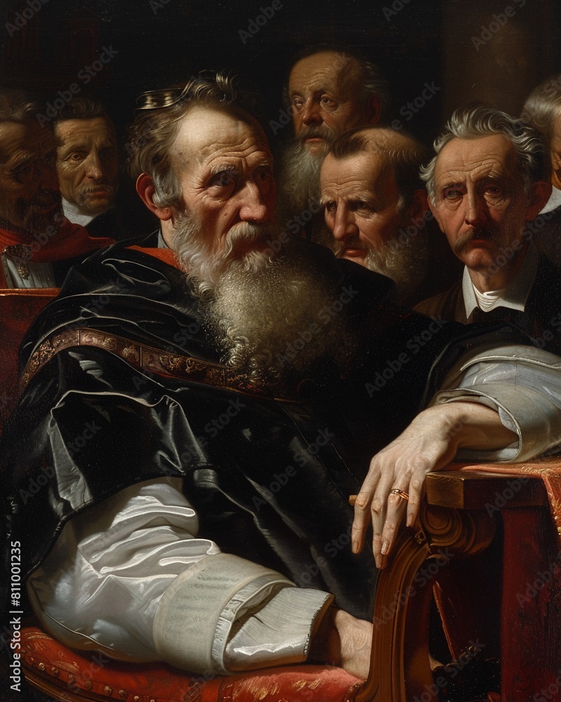 Galileos Trial Baroque Painting A dramatic Baroque painting depicting Galileo defending his scientific discoveries before the Inquisition, with dark shadows and emotional expressions Galileos Trial Baroque Painting A dramatic Baroque painting depicting Galileo defending his scientific discoveries before the Inquisition, with dark shadows and emotional expressions