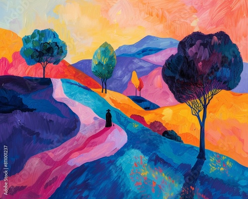 Folk Music  Fauvism A landscape painting with bold, unnatural colors depicting a folk singer performing in nature, emphasizing the emotional impact of the music