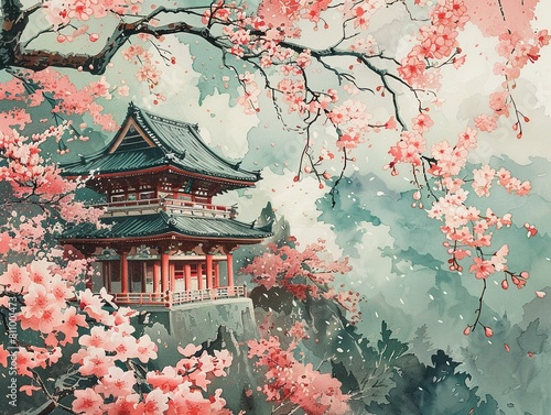 Shinto  Woodblock Print A Japanese woodblock print depicting a Shinto shrine nestled among cherry blossoms, capturing the essence of nature worship and Japanese aesthetics photo