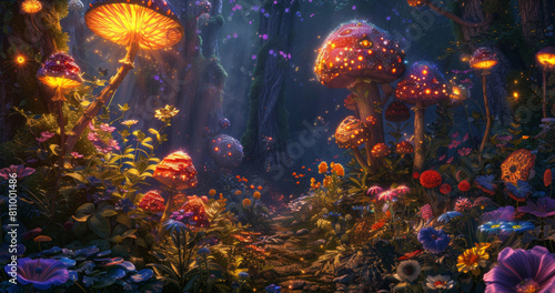 Glowing mushroom in deep forest photo