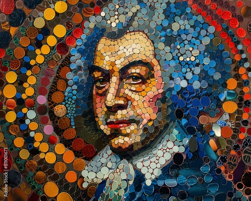 Baroque Pointillism A portrait of Bach composed entirely of colorful dots, mimicking the intricate detail and texture of his compositions