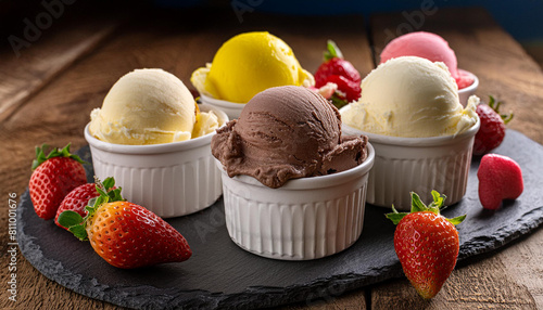 Boules de glace de différentes saveurs servies dans une coupelle, avec des fruits frais. 