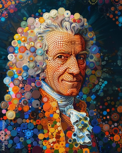 Baroque Music  Pointillism A portrait of Vivaldi composed entirely of colorful dots, mimicking the meticulous detail and texture of his Four Seasons concertos photo