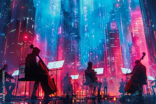 Classical  Cyberpunk A neondrenched cityscape with holographic projections of classical musicians performing on futuristic stages photo