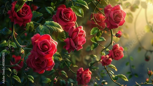 Pink roses blossoming on a rose bush Roses adorning a garden under the soft light of dusk A backdrop of pink rose vines A vibrant red rose skillfully illustrated by hand