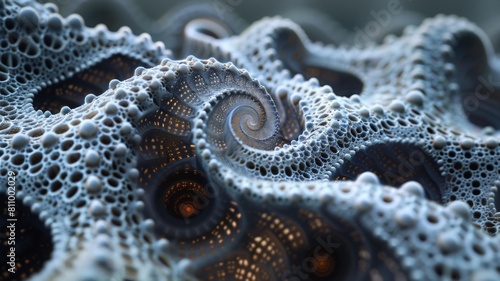 The image is a close-up of a blue and gray coral reef. The coral is in the shape of a spiral, and it is covered in small holes.