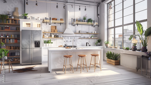 kitchen interior. Sleek Nordic Kitchen Design: Modern Loft Apartment Interior - 3D Rendering for Home Renovation Ideas