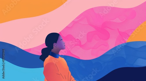 Illustration of a young woman in a colorful wavy background © Олег Фадеев