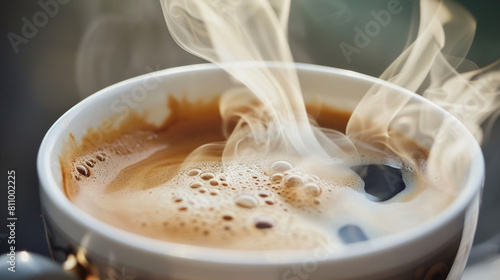 A close-up image of steaming doppio coffee in an elegant cup, super realistic photo