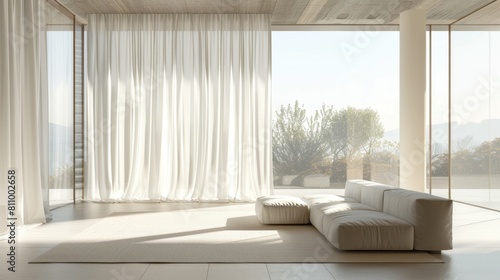 curtains for natural light, full-length curtains in a minimalist, well-lit space enhance openness, allowing ample natural light to fill the room, creating a sense of spaciousness photo