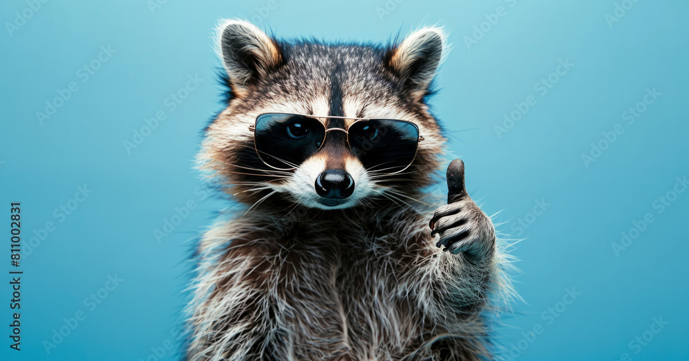 funny raccoon with glasses, giving thumb up, isolated on blue background, funny raccoon with glasses, giving thumb up, isolated on blue background,
