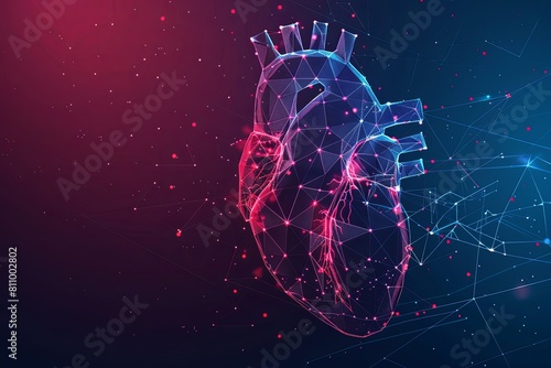A human heart with a red cardio pulse line, interconnected with lines and dots on a dark background. Generative AI