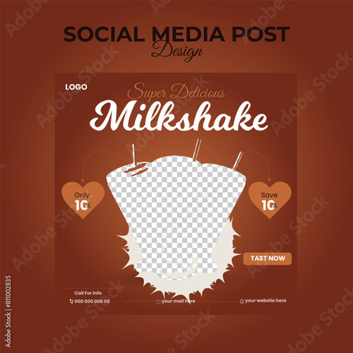 Delicious milkshake social media post vector. Cafe and juice bar promotion template design for marketing. Beverage advertisement poster vector with podiums.