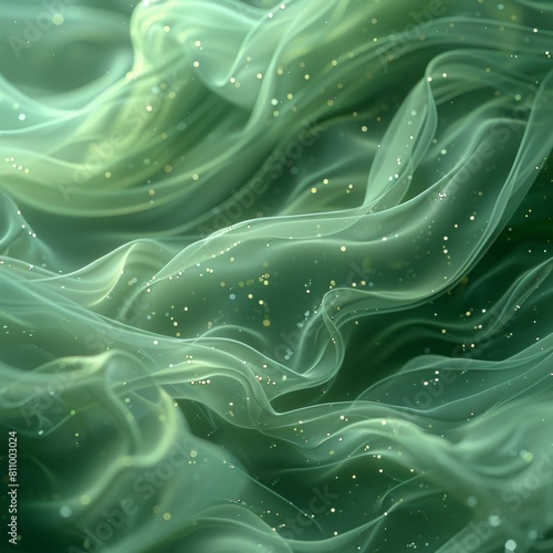 The image is a close-up of a green fabric which looks like silk or velvet, with a shiny, reflective surface