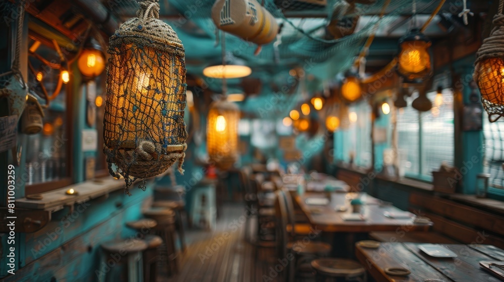 nautical decor in restaurant, seafood restaurant decor includes hanging rustic fishing nets and buoys for a maritime feel, enhancing the dining experience