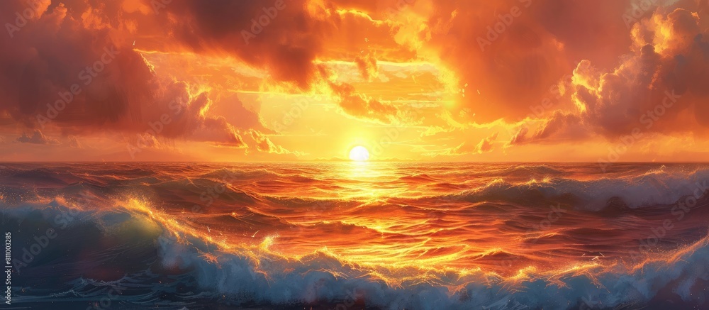 Stunning Sunset Over the Ocean 🌅 Warm Golden Glow on Waves with Vibrant Orange and Pink Hues in a Meticulously Detailed Painting
