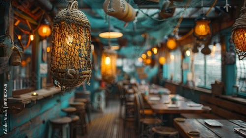 nautical decor in restaurant, seafood restaurant decor includes hanging rustic fishing nets and buoys for a maritime feel, enhancing the dining experience photo