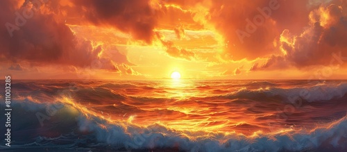 Stunning Sunset Over the Ocean      Warm Golden Glow on Waves with Vibrant Orange and Pink Hues in a Meticulously Detailed Painting
