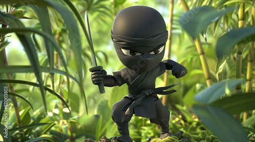 3D cartoon black ninja character. jungle on the background photo