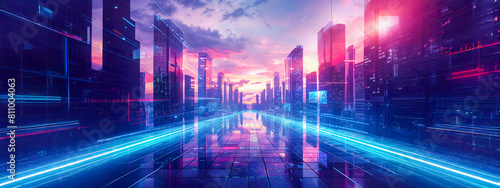 Una obra de arte digital de un camino interminable de baldosas que conduce al horizonte  flanqueado por rascacielos imponentes con luces brillantes y pantallas hologr  ficas  contra un tel  n de fondo d