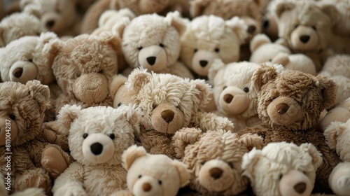 Numerous teddy bears in shades of white and brown gather around exuding undeniable cuteness