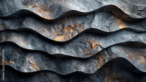 The image is a close-up of a rock face with a wavy pattern. The colors are grey and black with some brown. The surface is rough and uneven. photo