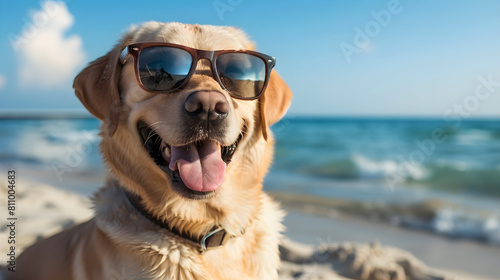 A smiling labrador in sunglasses lies on the beach. The concept of summer vacation with pets