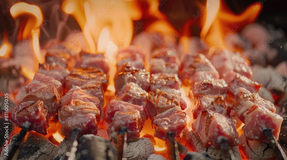 Grilling succulent raw pork skewers over an open flame on the grill capturing the essence of preparing shish kebabs over hot coals The focus is selectively soft with a shallow depth of fiel Grilling succulent raw pork skewers over an open flame on the grill capturing the essence of preparing shish kebabs over hot coals The focus is selectively soft with a shallow depth of fiel
