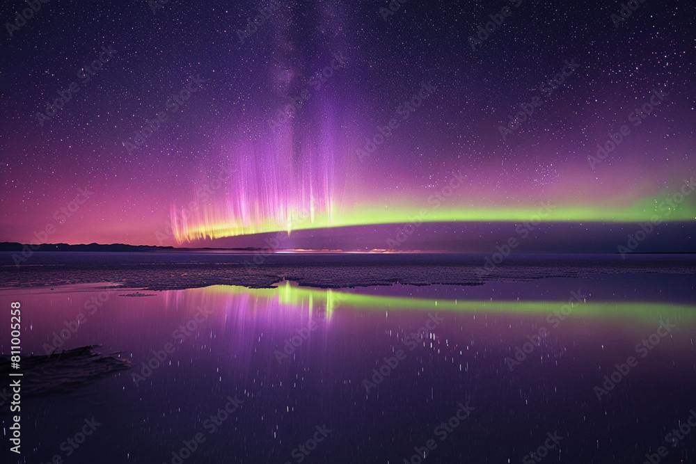 Violet and green aurora shine in the night sky, reflections in calm water, Very twisty aurora fills the sky
