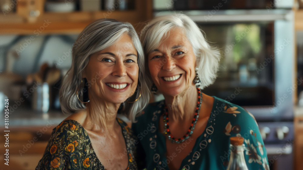 A candid portrait of old gray-haired girlfriends. Two beautiful elderly women in their 60s are smiling and posing for a photo in the kitchen A candid portrait of old gray-haired girlfriends. Two beautiful elderly women in their 60s are smiling and posing for a photo in the kitchen