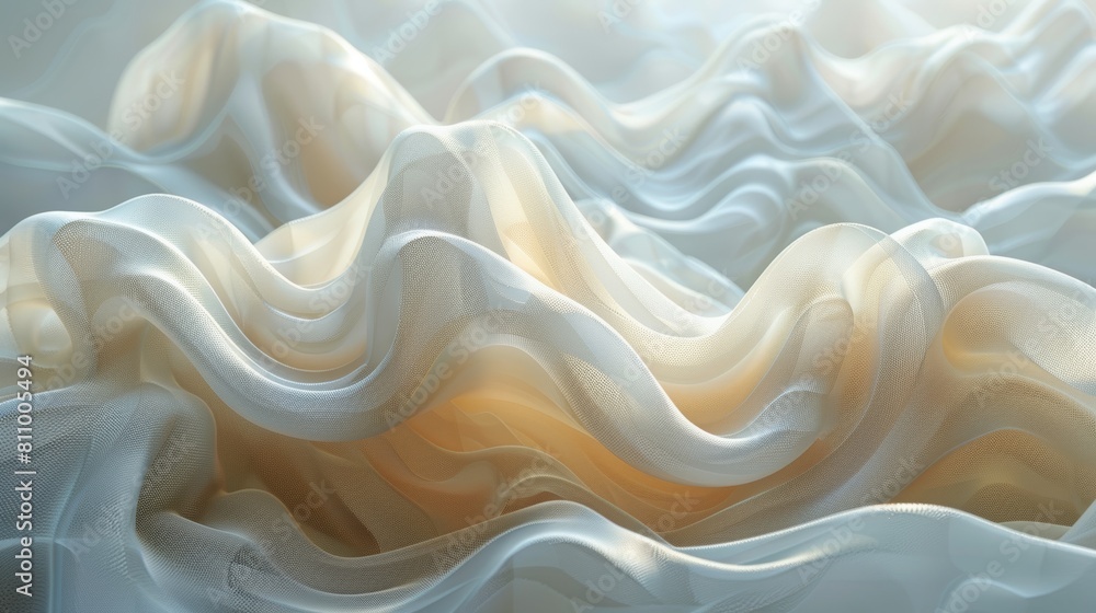 The image is a close-up of a white crumpled silk or satin fabric with gentle waves and folds. The fabric is smooth and soft, and the waves are flowing in a graceful pattern.