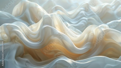 The image is a close-up of a white crumpled silk or satin fabric with gentle waves and folds. The fabric is smooth and soft, and the waves are flowing in a graceful pattern.