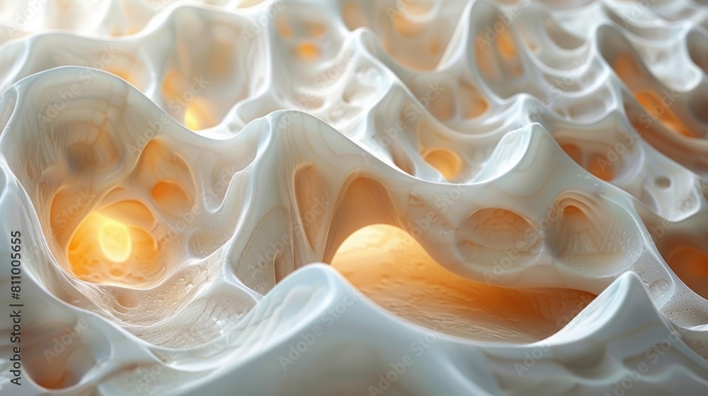 The image is a close-up of a white, porous material that resembles a sponge or coral The image is a close-up of a white, porous material that resembles a sponge or coral