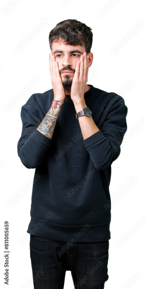 Young handsome man over isolated background Tired hands covering face, depression and sadness, upset and irritated for problem Young handsome man over isolated background Tired hands covering face, depression and sadness, upset and irritated for problem