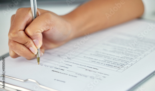 Hand, questionnaire and writing with pen in office, confidential paperwork and medical history or agreement. Health insurance, information and person checklist for prescription, clinic and referral © peopleimages.com