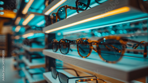 Spectacle optics shop, Fashion glasses on display on the shelf of the optical store mall photo
