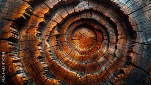 The image is a close-up of a wooden stump with a hole in the center