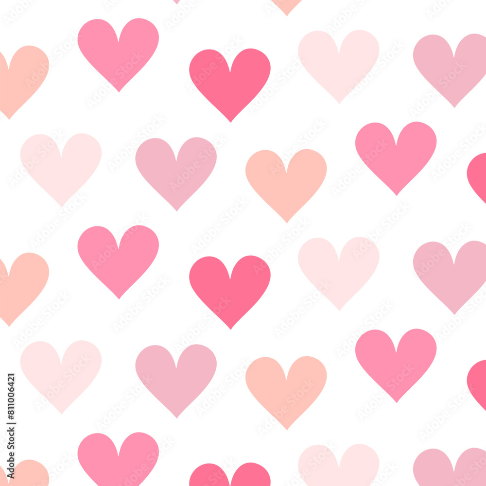 Pink hearts regular seamless pattern. Delicate cute pastel hearts repeat on white background. Flat style. Vector illustration.