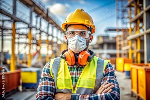 A male worker in a protective mask, against the backdrop of a construction site photo