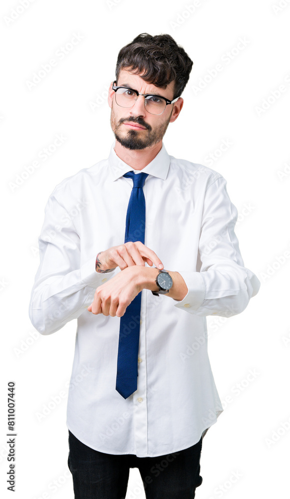 Young handsome business man wearing glasses over isolated background In hurry pointing to watch time, impatience, upset and angry for deadline delay Young handsome business man wearing glasses over isolated background In hurry pointing to watch time, impatience, upset and angry for deadline delay