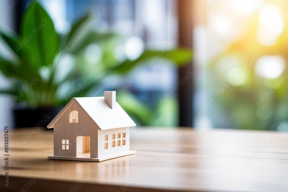 Small model wooden house on office work table in blur background, Real estate investment and saving concept Small model wooden house on office work table in blur background, Real estate investment and saving concept