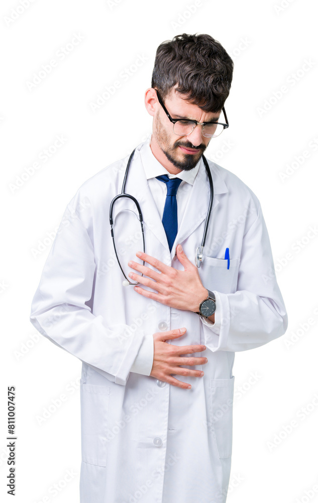 Young doctor man wearing hospital coat over isolated background with hand on stomach because nausea, painful disease feeling unwell. Ache concept. Young doctor man wearing hospital coat over isolated background with hand on stomach because nausea, painful disease feeling unwell. Ache concept.