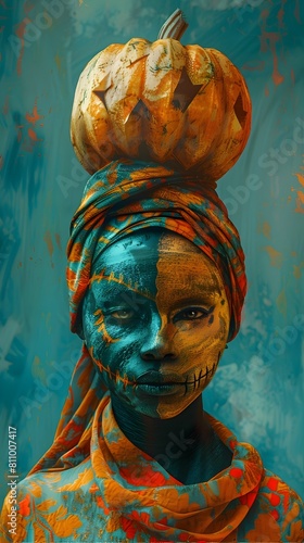 Surreal Tribal Portrait with Pumpkin Headdress in Vibrant Digital