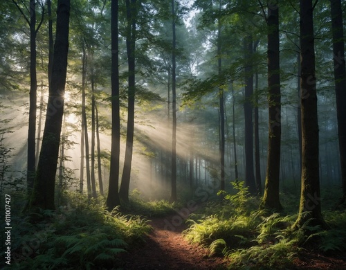 Feel the magic of the forest with our image of a misty woodland clearing  where shafts of sunlight pierce the fog and create an ethereal glow