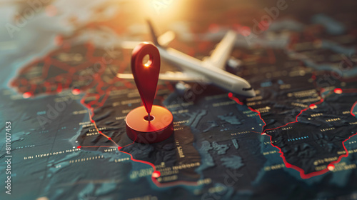 3D World Map icon with pin and airplane travel concept