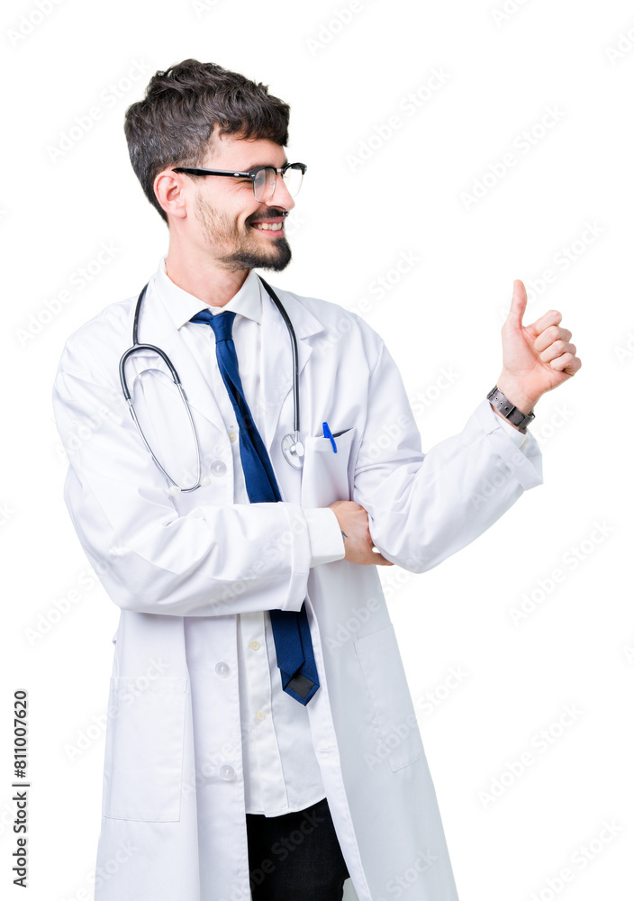 Young doctor man wearing hospital coat over isolated background Looking proud, smiling doing thumbs up gesture to the side Young doctor man wearing hospital coat over isolated background Looking proud, smiling doing thumbs up gesture to the side